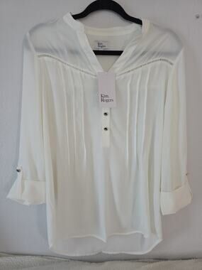 Kim Rogers Blouse Top Women Ivory Color Pintuck Button Front 3/4 Sleeve Med. NWT
